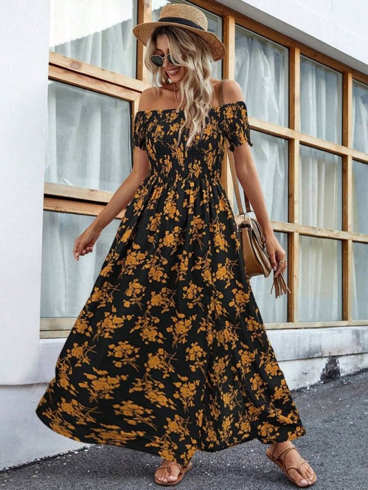 Kadın Kısa Kollu Madonna Yaka Yırtmaçlı çiçek Desenli Süprem Elbise