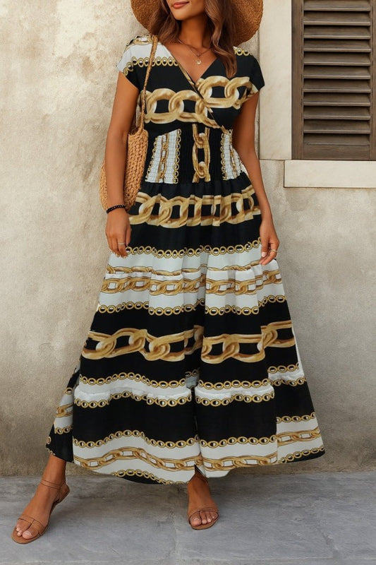 Kadın Kısa Kollu Kruvaze Yaka Beli Lastikli Süprem Maksi Boy Elbise