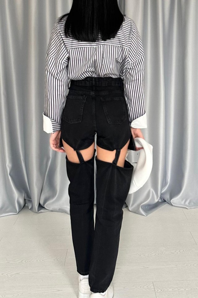 Siyah Askılı İki Parça Jeans Pantolon