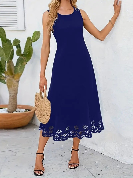 Kadın Kolsuz Etek Ucu Lazer Kesim çiçek Desenli Midi Boy Ithal Krep Elbise