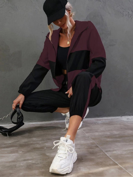 Kadın Uzun Kollu Kapşonlu önden Fermuarlı Viskon Iki Iplik Bluz Ve Pantolon Ikili Takım