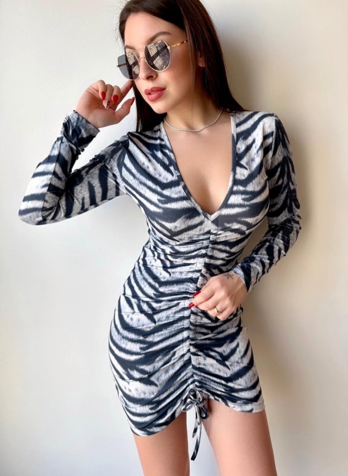 Kadın V Yaka önü Asansör Büzgü Detay Fırsat ürün Zebra Mini Elbise