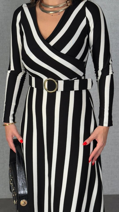 Kadın Uzun Kollu Kruvaze Yaka Kemer Dahil çizgili Triko Elbise