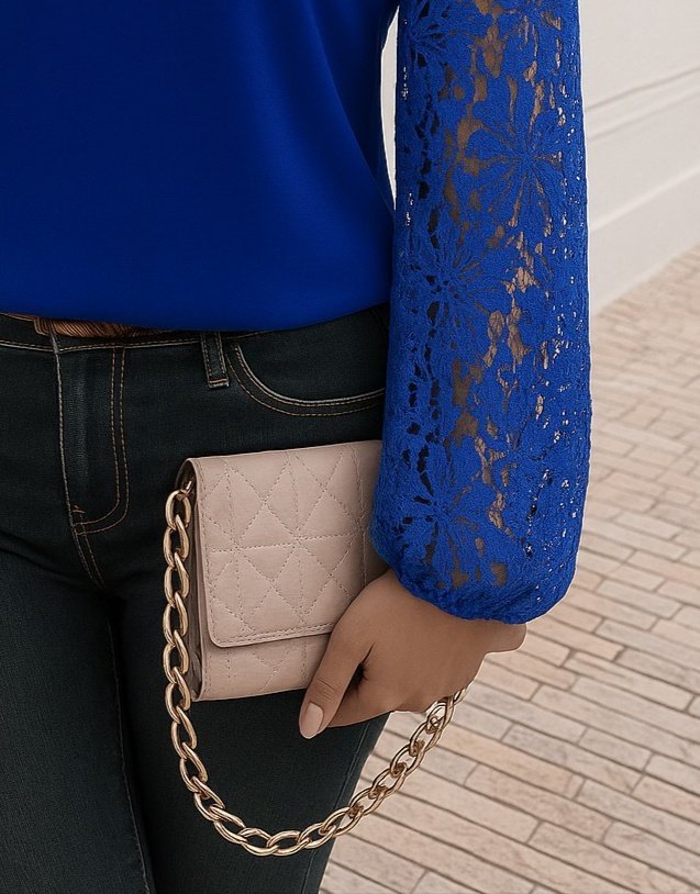 Kadın Uzun Kollu Asimetrik Yakalı Dantelli Ithal Krep Bluz