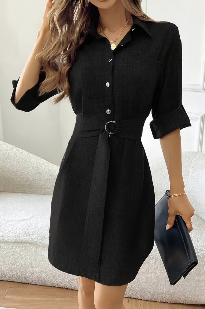 Kadın Uzun Kollu Yakalı önden Düğmeli Beli Kuşaklı Mini Ithal Keten Elbise
