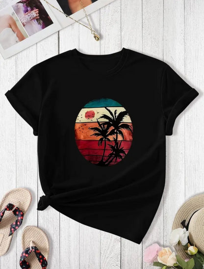 Kadın Kısa Kollu Palmiye Baskılı Viskon T-shirt
