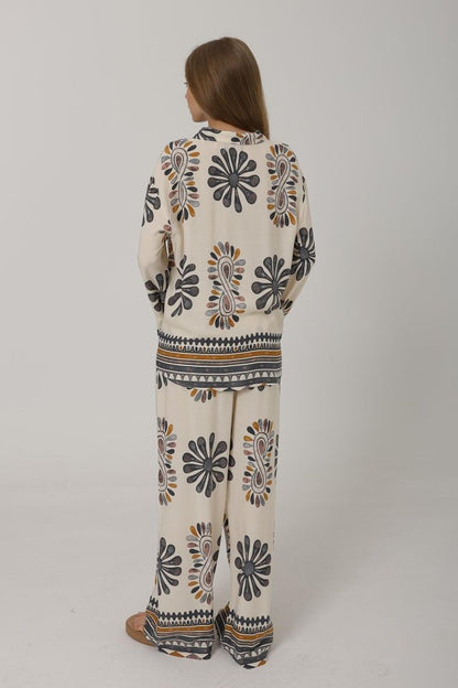 Desenli Kolları Volanlı Pantolon Takım - Antrasit