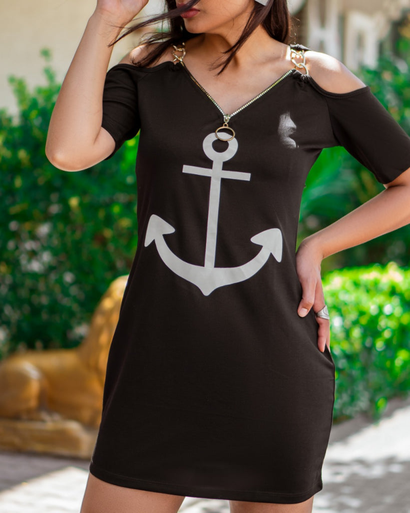 Fermuar Detay çıpa Baskılı Zincir Askılı Viskon Elbise