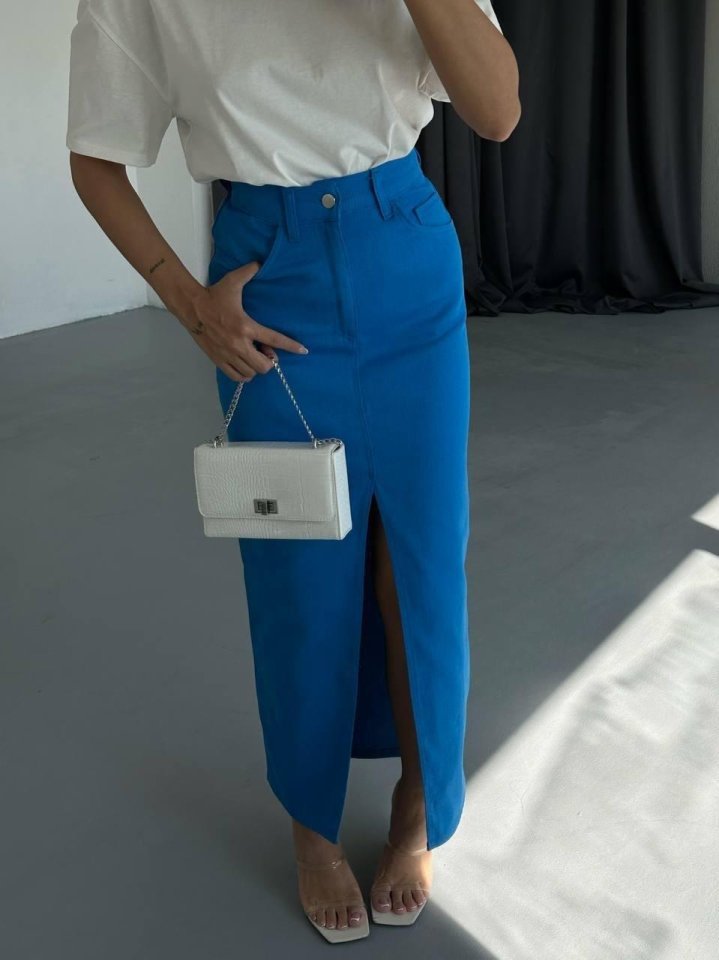 GABARDİN UZUN ÖNDEN YIRTMAÇLI ETEK - Saks