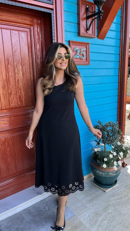 Kadın Kolsuz Etek Ucu Lazer Kesim çiçek Desenli Midi Boy Janjan Krep Elbise