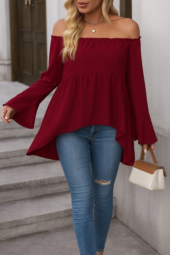 Kadın Uzun Kollu Madonna Yaka Asimetrik Detaylı Kolları Ispanyol Viskon Bluz