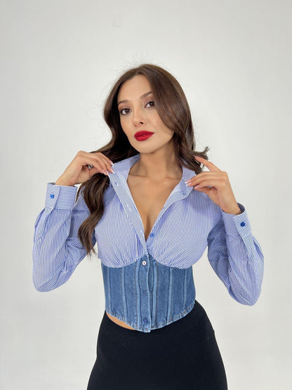 6963 GÖMLEK-MAVİ BEYAZ ÇİZGİLİ