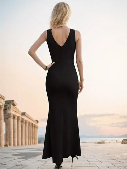 Kadın Askılı Kruvaze Yaka Yırtmaç Detaylı Janjan Krep Elbise