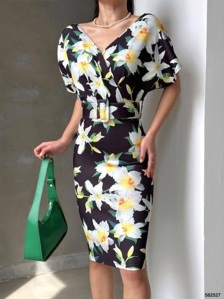 Kadın Dalgıç Kumaş V Yaka çiçek Desenli Kuşaklı Kalem Elbise