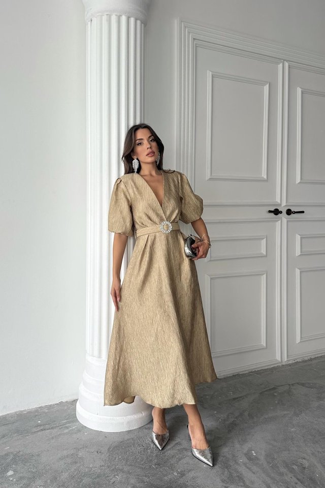 Gold Işıltılı Kemerli Kruvaze Elbise