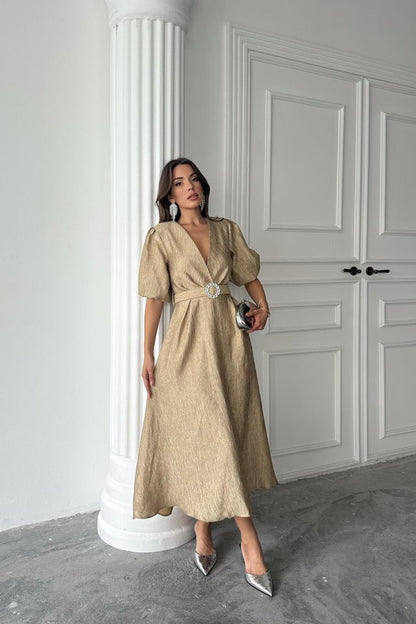 Gold Işıltılı Kemerli Kruvaze Elbise