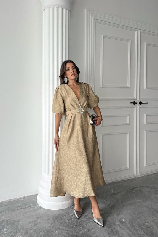 Gold Işıltılı Kemerli Kruvaze Elbise