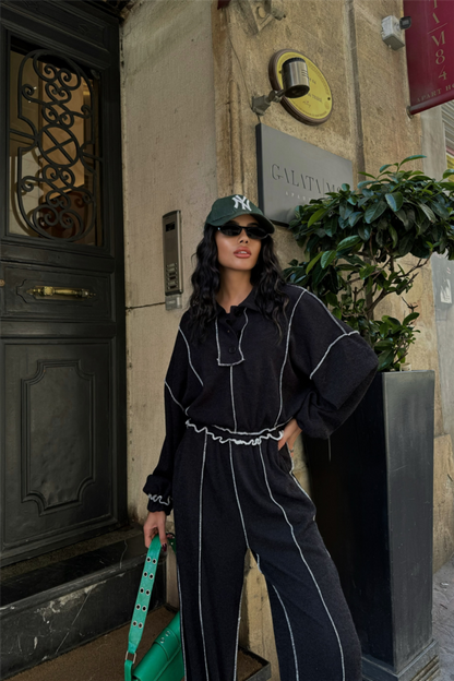 BİYELİ BLUZ PANTOLON TAKIM ŞÖNİL KUMAŞ - Siyah