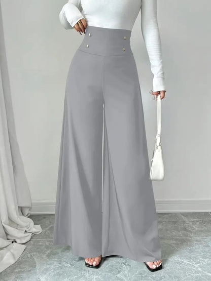 Kadın Yüksek Bel Düğmeli Geniş Paçalı Ithal Krep Pantolon