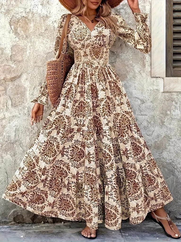 Kadın Uzun Kollu V Yakalı Desenli Süprem Elbise