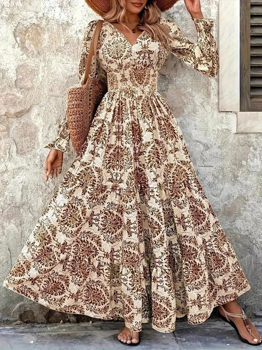 Kadın Uzun Kollu V Yakalı Desenli Süprem Elbise