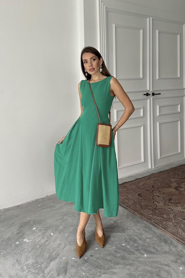 Yeşil Yanları Büzgülü Midi Boy Keten Elbise