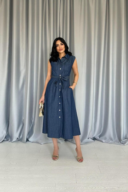 Mavi Tencel Çıtçıtlı Elbise