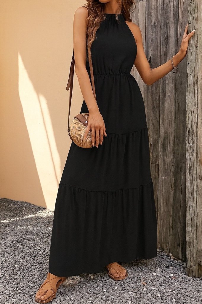 Kadın Kolsuz Halter Yaka Beli Lastiklidesenli Mikro Elbise