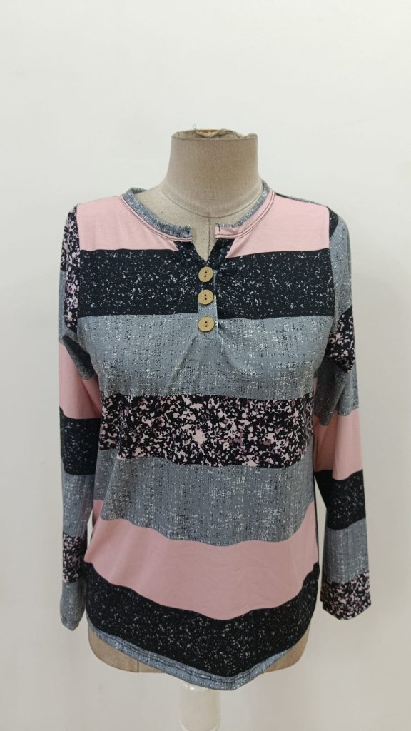 Kadın Uzun Kollu Yakadan Düğmeli çizgili Desenli Süprem Bluz