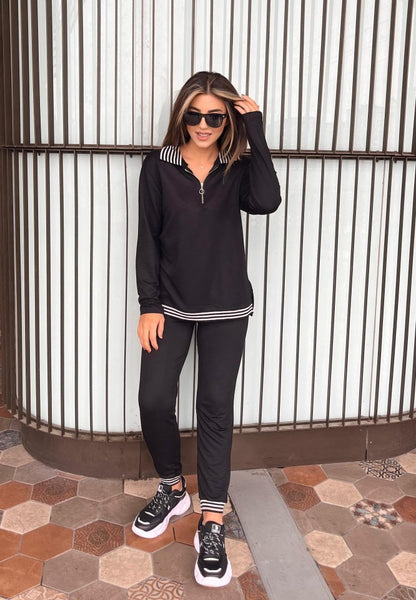 Kadın Uzun Kollu Ribana Ve Fermuar Detay Bluz Ve Yüksel Bel Pantolon 2li Takım