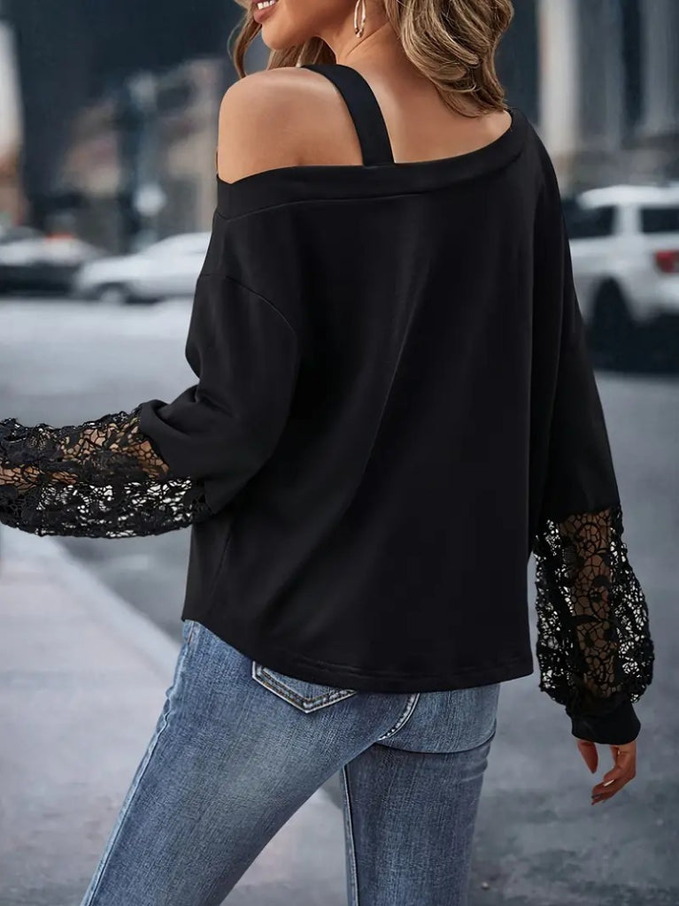 Kadın Uzun Kollu Tek Omuzu Açık Dantelli Viskon Iki Iplik Bluz