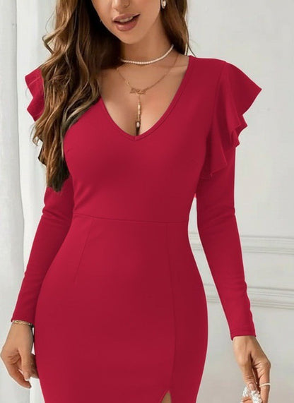 Kadın Uzun Kollu V Yakalı Yandan Yırtmaçlı Midi Ithal Krep Elbise