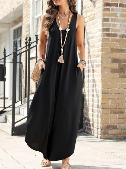 Kadın Askılı Yuvarlak Yaka Cepli Salaş Uzun Viskon Tulum