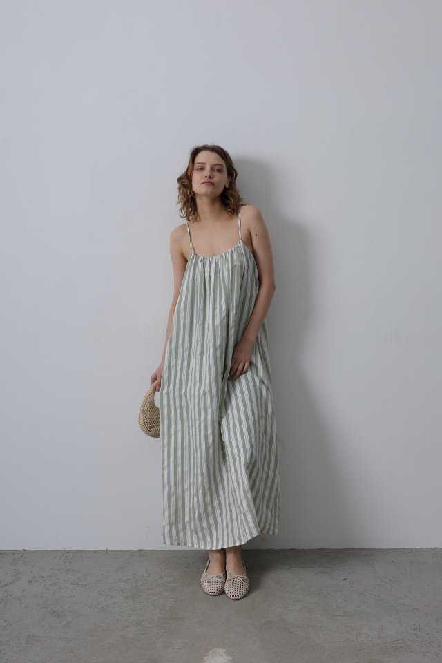 Askılı Çizgi Desen Elbise - Haki