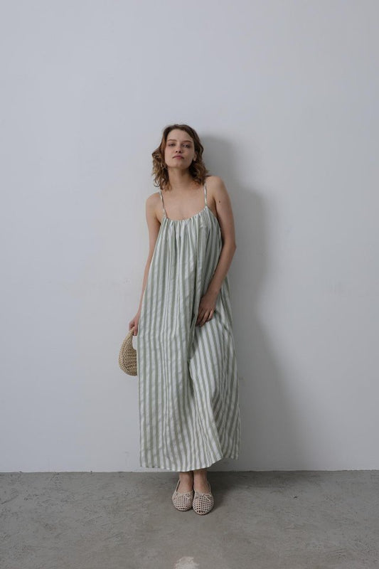 Askılı Çizgi Desen Elbise - Haki