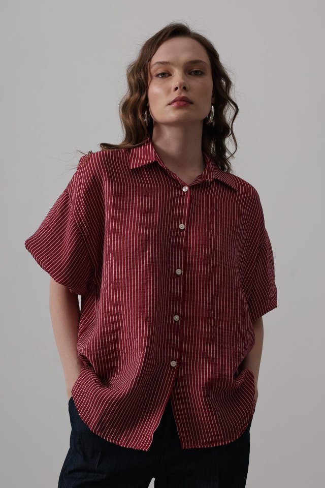 Yarım Balon Kol Çizgili Gömlek - Bordo
