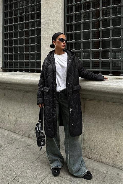 Fermuar Ve Kapşonlu Uzun Kapitone Mont 7062