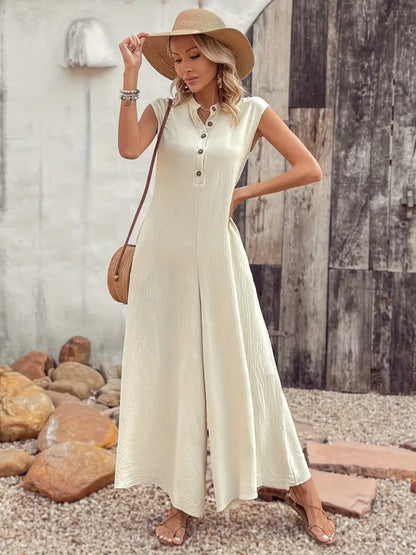 Kadın Kısa Kollu önden Düğmeli Paçaya Doğru Geniş Cepli Uzun Bürümcük Tulum