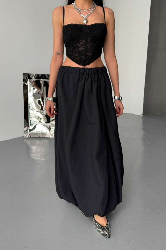 BEL LASTİKLİ BALON ETEK ŞANEL BOY SOFT KUMAŞ - Siyah