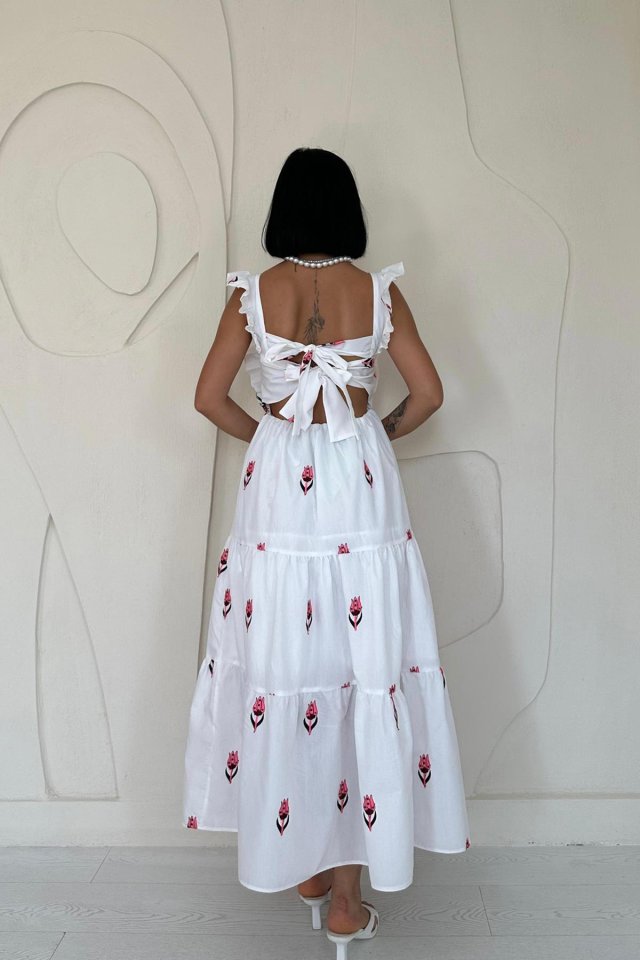 Fuşya Sıfır Kol Fırfırlı Elbise