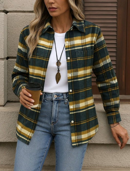 Kadın Uzun Kollu Kare Desenli önden Düğmeli Dokuma Gömlek