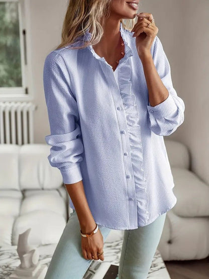 Kadın Uzun Kollu Fırfır Yakalı önden Düğmeli çizgili Burgu Gömlek