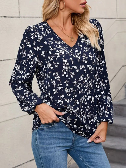 Kadın Uzun Kollu V Yakalı çiçek Desenli Modal Bluz