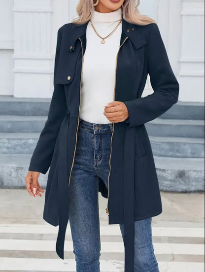 Kadın Uzun Kollu Boyundan Düğmeli Fermuarlı Beli Kuşaklı Süet Ceket