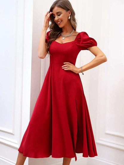 Kadın Kısa Kollu Kare Yakalı Yırtmaçlı Midi Janjan Krep Elbise