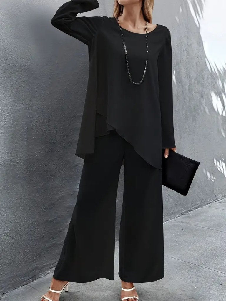 Kadın Uzun Kollu Asimetrik Detaylı Salaş Sandy Bluz Ve Pantolon Ikili Takım