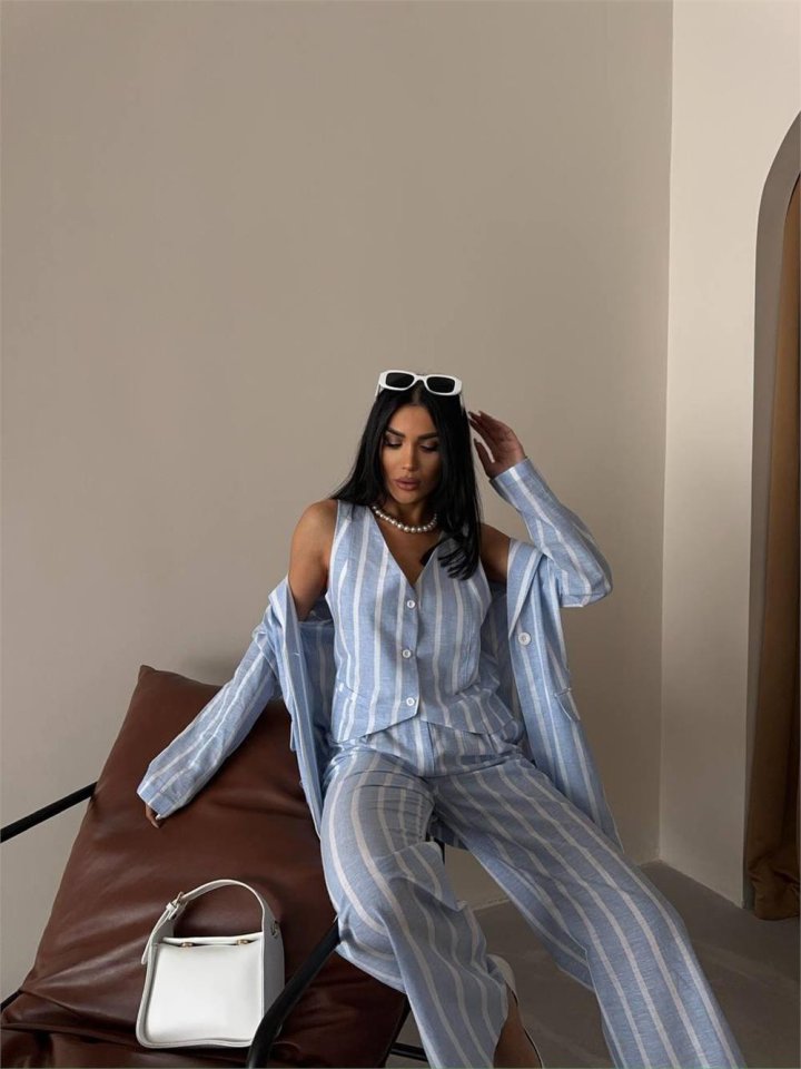 ÇİZGİLİ KETEN YELEK-PANTOLON TAKIM - Mavi