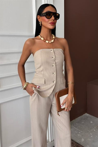 Straplez Büstiyerli Plazzo Pantolonlu Çizgili Takım 10151