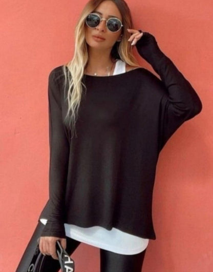 Kadın Uzun Kollu Tek Omuzdan Açık çilek Bluz Ve Viskon Atlet Ikili Takım