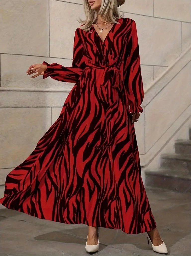 Kadın Uzun Kollu Kruvaze Yakalı Kuşaklı Zebra Desenli Süprem Maxi Elbise